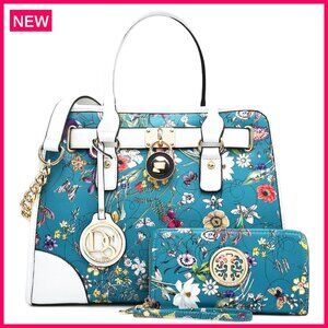 Vegan Leather Satchel Purse with Chain Strap, 13.5 Inch Work Bag Set